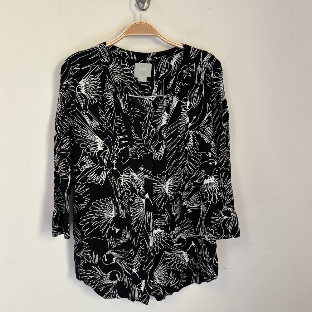 Maeve Blouse Birds Collarless V-Neck 3/4 Sleeve Black Pintuck Anthropologie 6